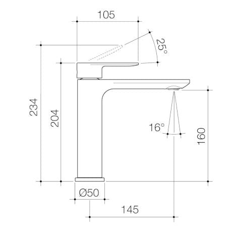 Caroma Urbane II Low Lead Mid Tower Basin Mixer Technical Drawing - The Blue Space