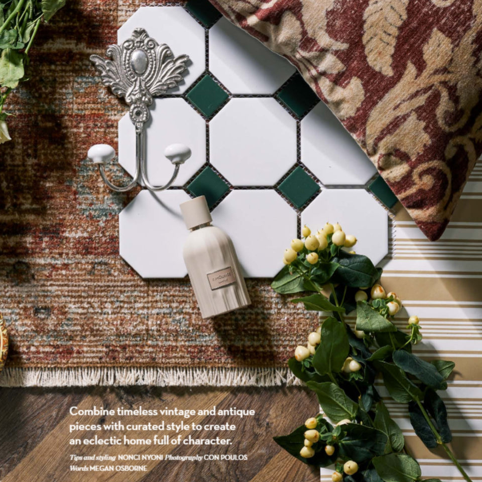St Kilda Matt White Octagon with Green Dot Porcelain Period Mosaic Tile 97x97mm