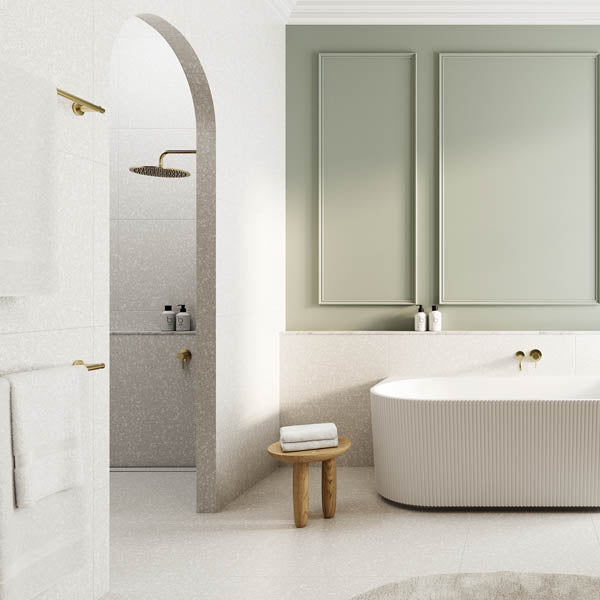 Meir Round Double Towel Rail 600mm - Tiger Bronze with Baö Fluted Back to Wall Bath - The Blue Space