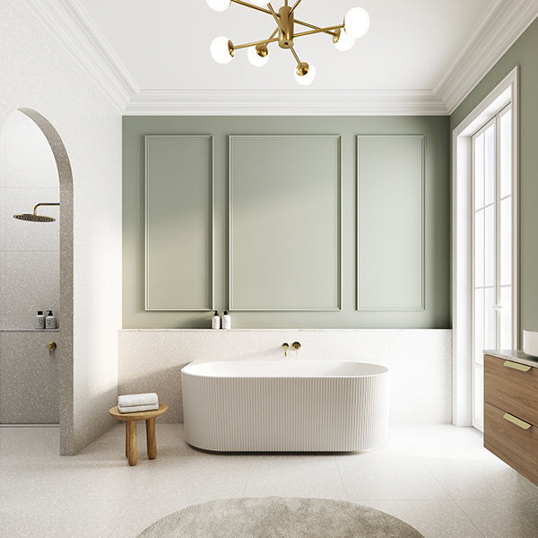 Baö Fluted Back to Wall Bath in Matte White with Meir Tiger Bronze Tapware, Island Terrazzo Matte White Tiles, Timberline Nevada Plus Wall Hung Vanity, Telbix Marsten Pendant and Tint Puddle interior paint only at The Blue Space