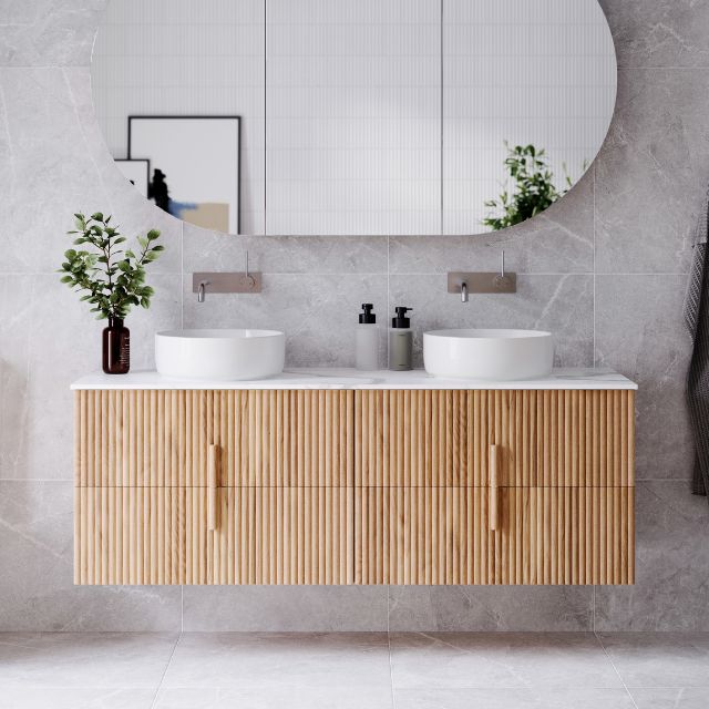 Ingrain Contoured Ash Wall Hung Vanity 1500 Double Basins with 4 drawers