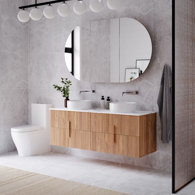 Ingrain Contoured Ash Wall Hung Vanity 1500 Double Basins with 4 drawers
