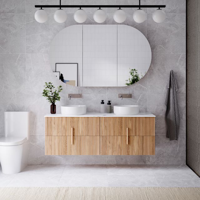 Ingrain Contoured Ash Wall Hung Vanity 1500 Double Basins with 4 drawers