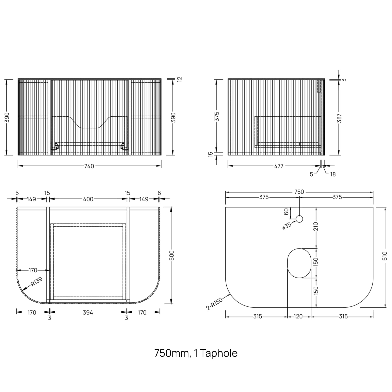 Ingrain Curved Fluted Wall Hung Vanity Dimensions 750mm - The Blue Space