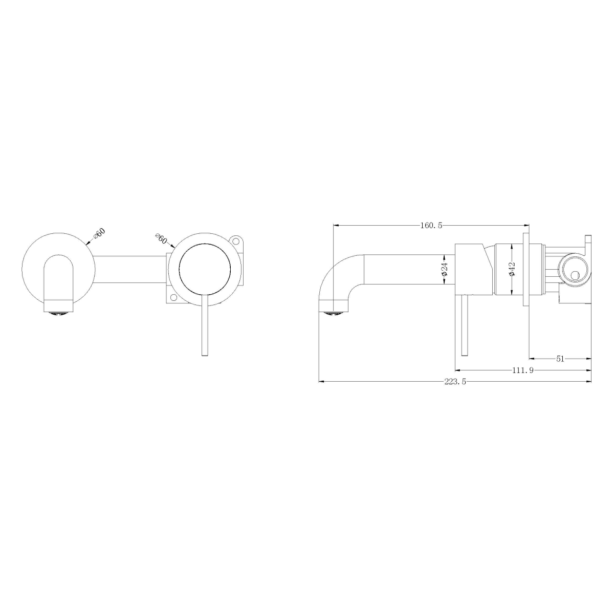 Technical Drawing: Nero Mecca Wall Basin Mixer Sep BP Handle Up 160mm Sp Matte Black
