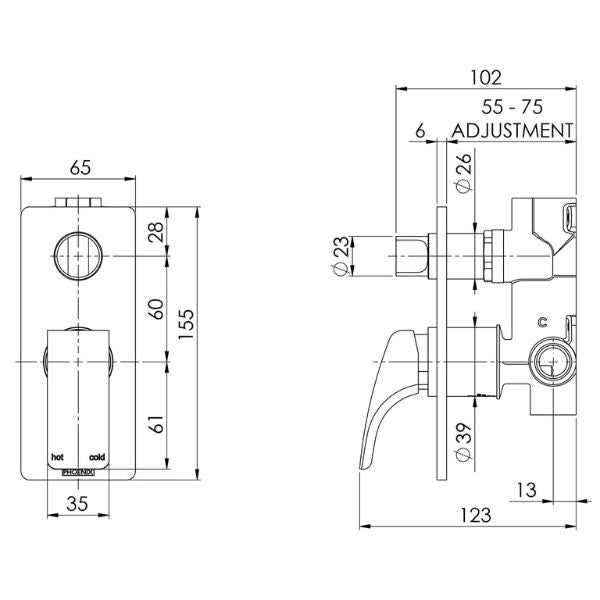 Phoenix Rush Wall Mixer with Diverter Technical Drawing at The Blue Space