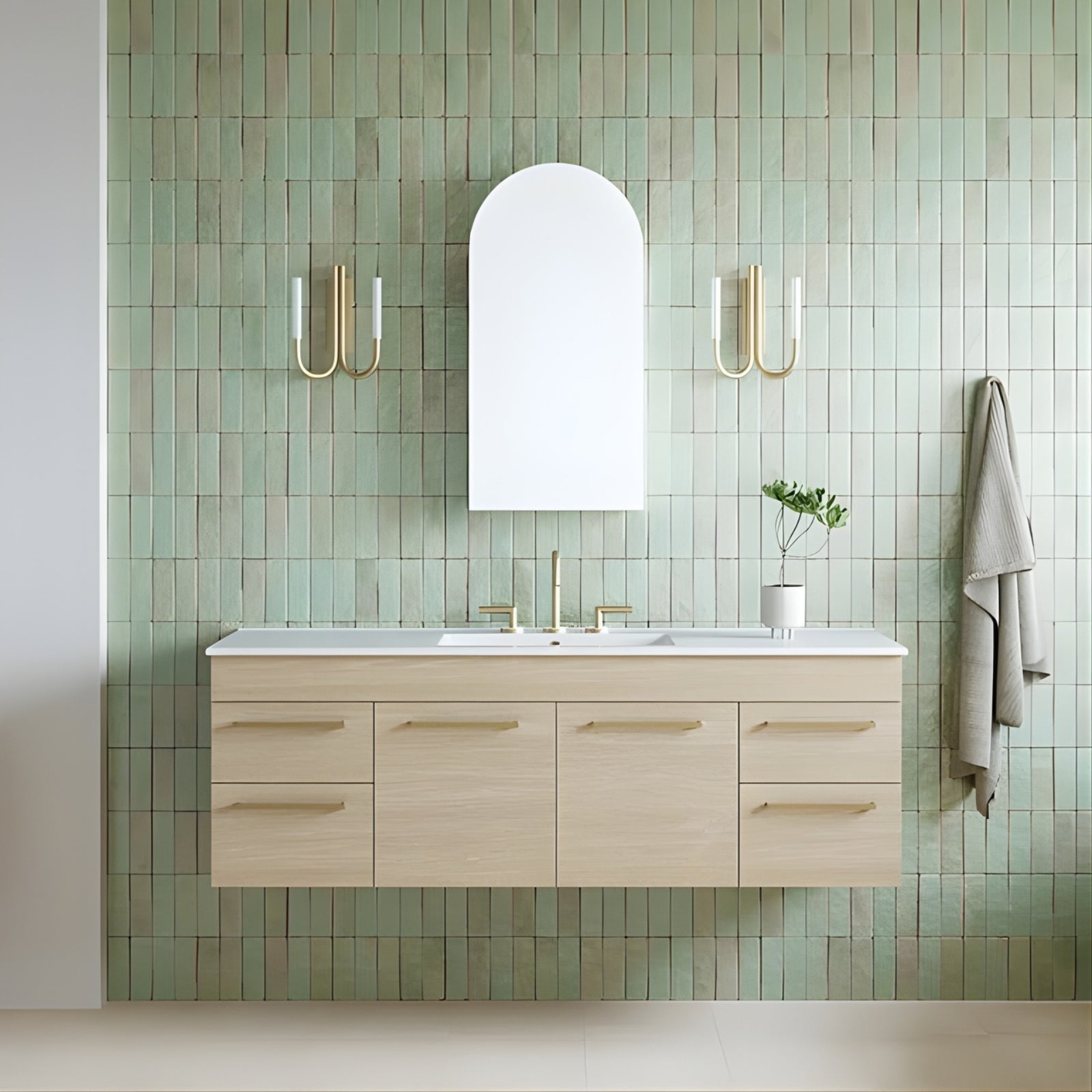 Timberline Indiana wall hung canity and Timberline church arch shaving cabinet with mirror in a beautiful aqua blue handmade tiled bathroom and Phoenix plus lever gold tapware and telbix joshua wall lights in gold.
