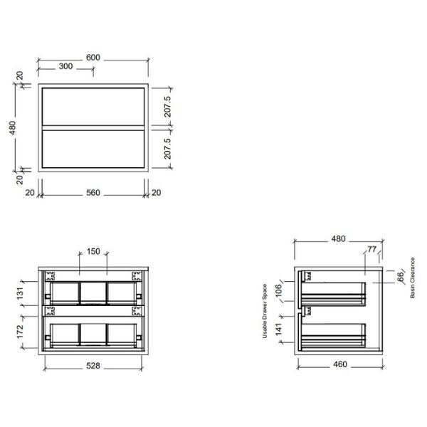 Timberline Embrace 600mm Wall Hung Vanity Line Drawing - The Blue Space