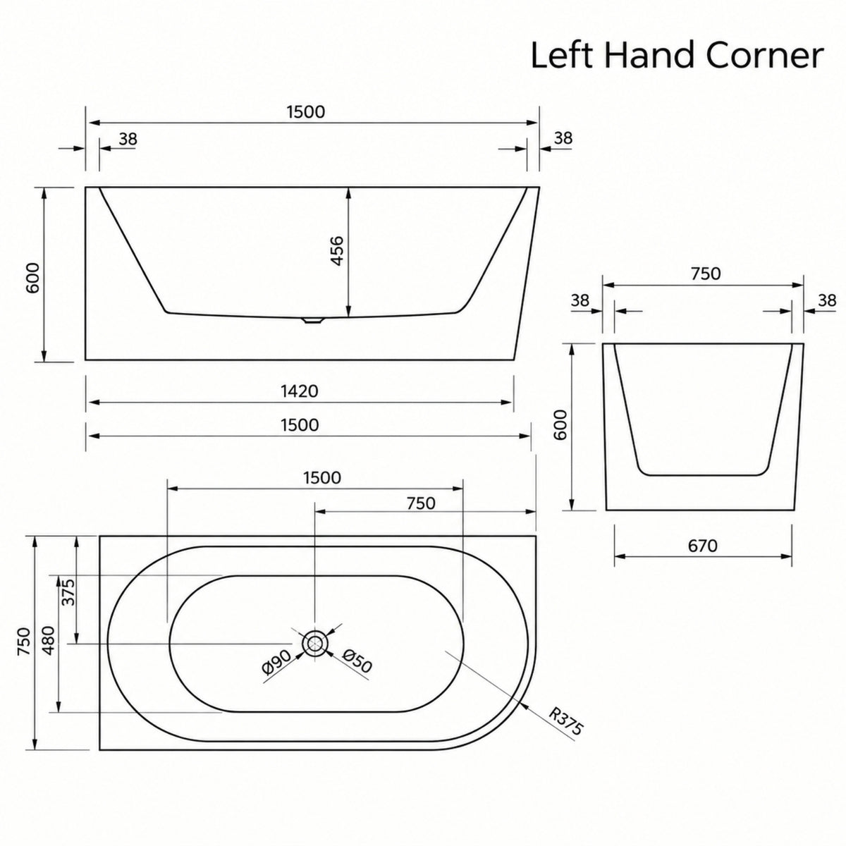 Line Drawing Bao Bon 1500mm Back to Corner Bath BAO500315L - The Blue Space
