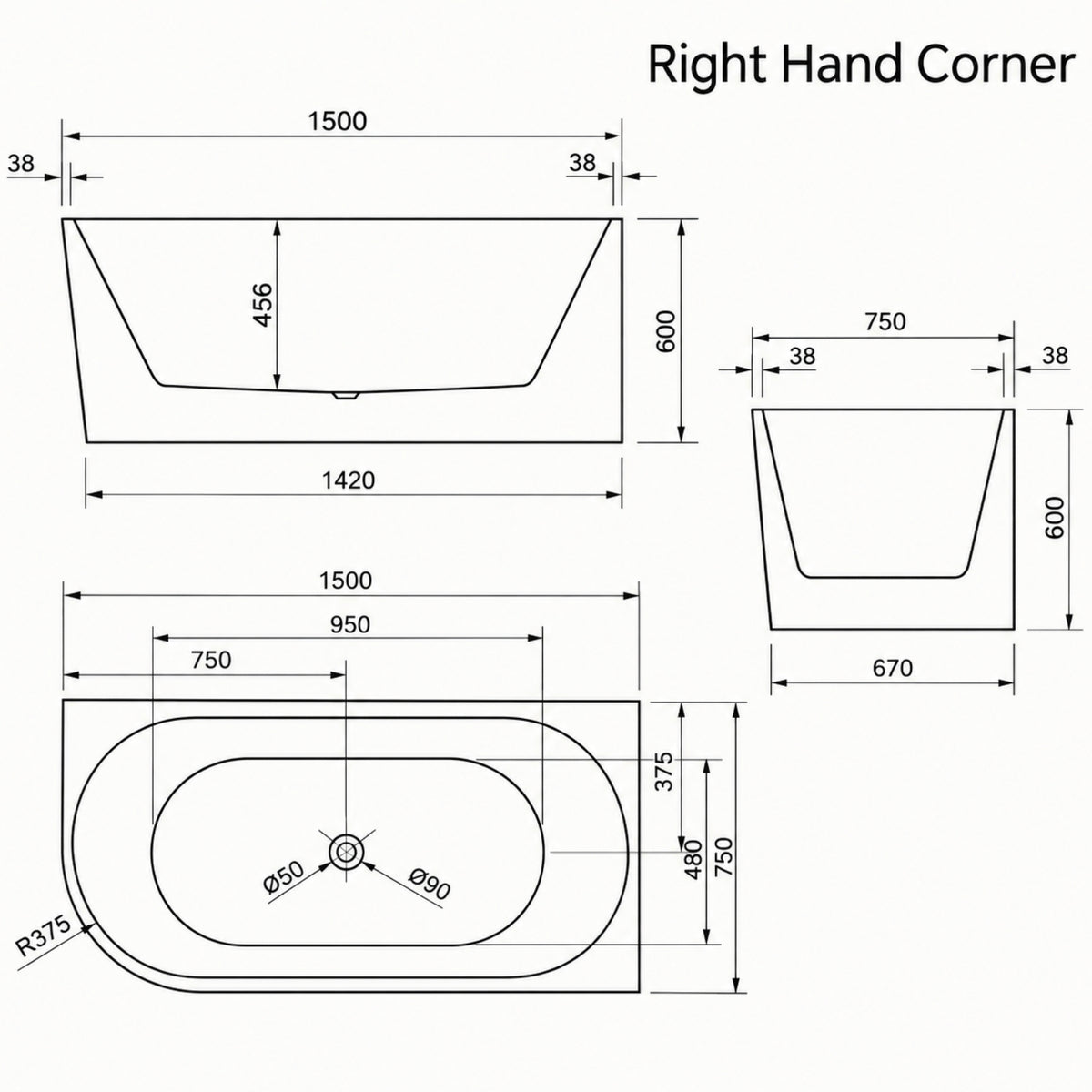 Line Drawing Bao Bon 1500mm Back to Corner Bath BAO500315L - The Blue Space