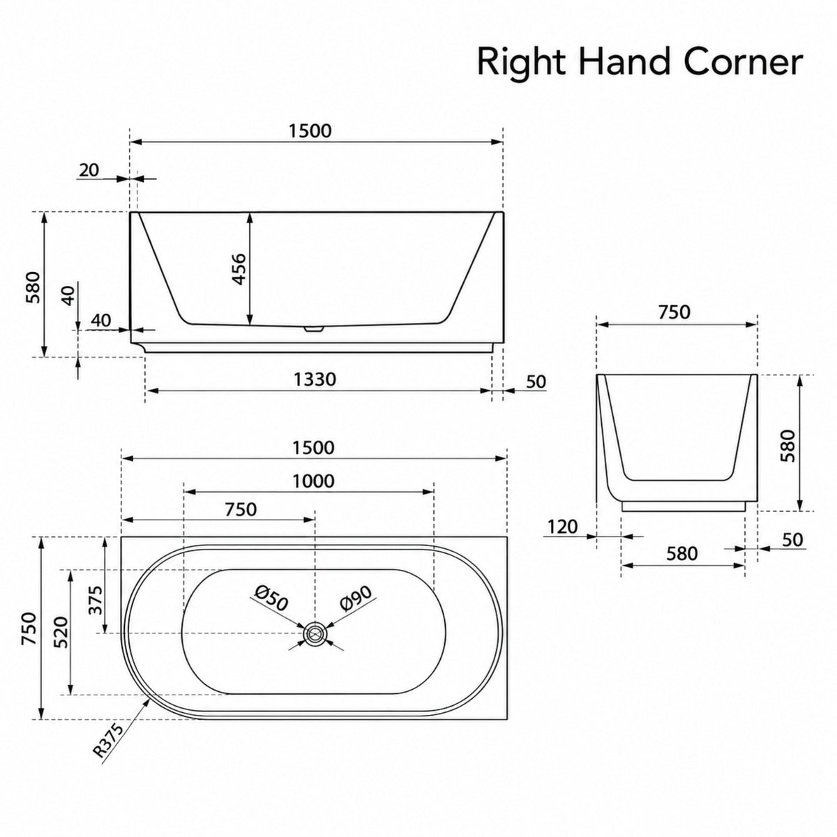 RH Line Drawing Bao Elegant 1500mm Back to Corner Bath - Matte White BAO200215RM - The Blue Space