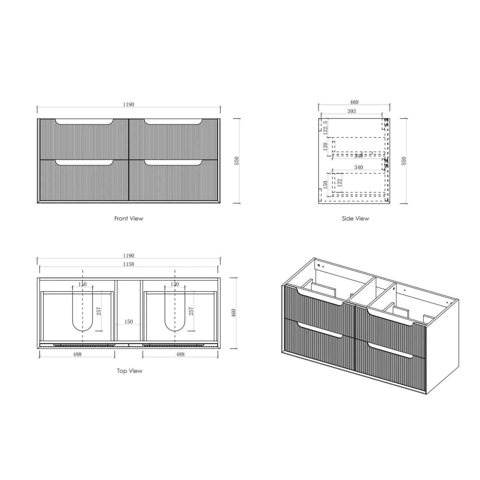 Technical Drawing Byron Fluted Woodland Oak Wall Hung Vanity with Ceramic Top 1200mm Double Bowl All Drawers BYW1200L-DCT - The Blue Space