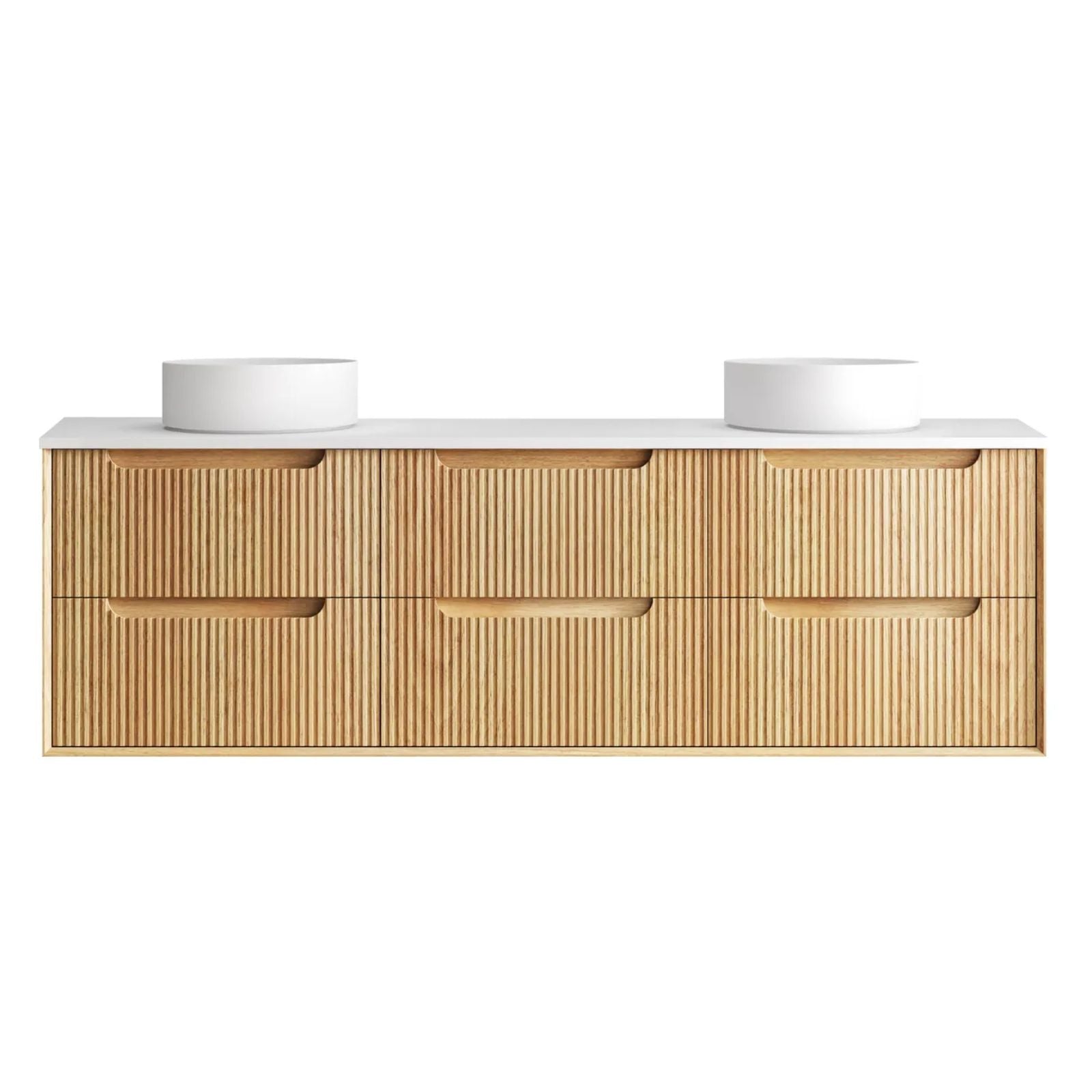 Byron Fluted Woodland Oak Wall Hung Vanity with Pure White Top 1800mm Double Bowl BYW1800LSTUD-PW - The Blue Space