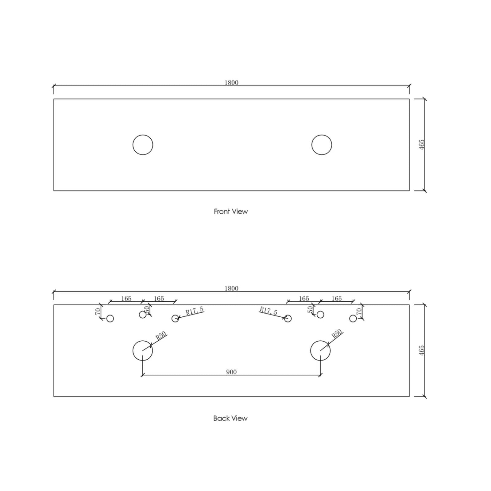 Top Technical Drawing Byron Fluted Woodland Oak Wall Hung Vanity with Pure White Top 1800mm Double Bowl BYW1800LSTUD-PW - The Blue Space
