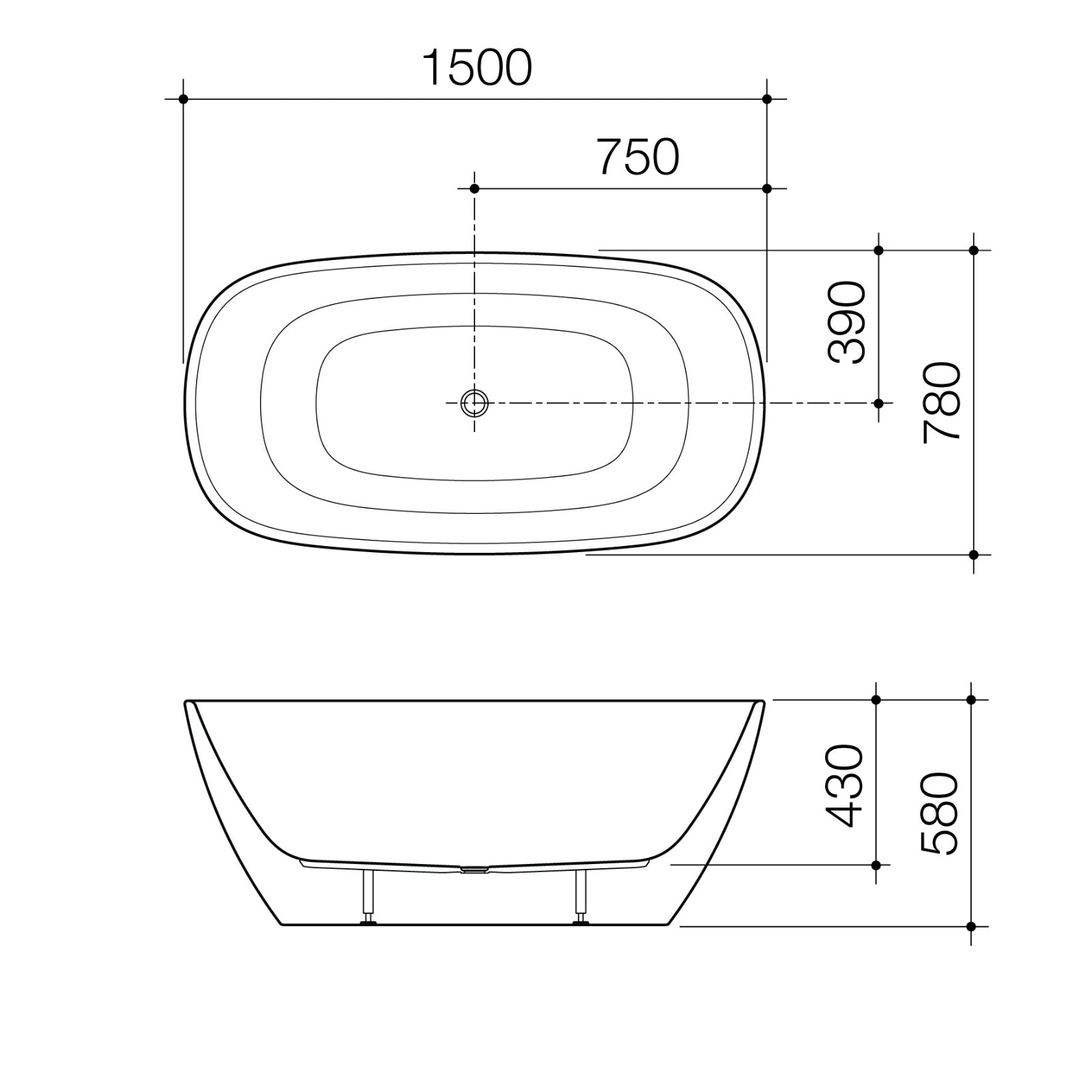 Technical Drawing Caroma Contura II 1500mm Freestanding Bath - White CII5FSW - The Blue Space