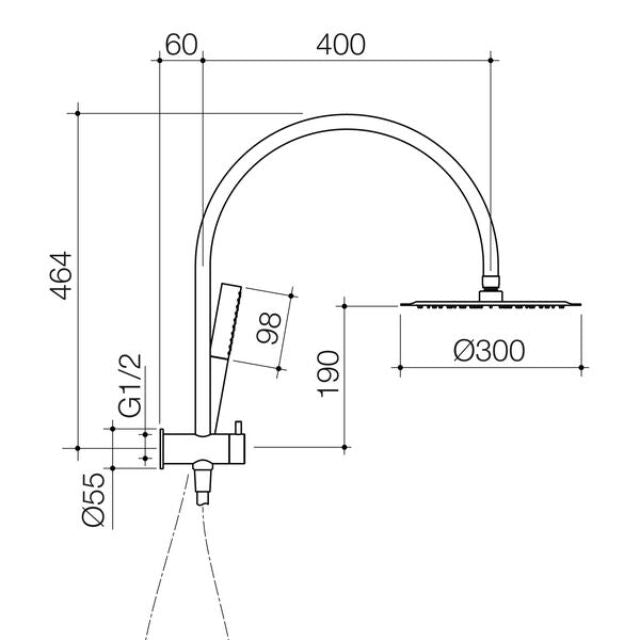 Techncial Drawing Caroma Liano II Compact Twin Shower with Overhead - Brushed Brass 96472BB33A - The Blue Space
