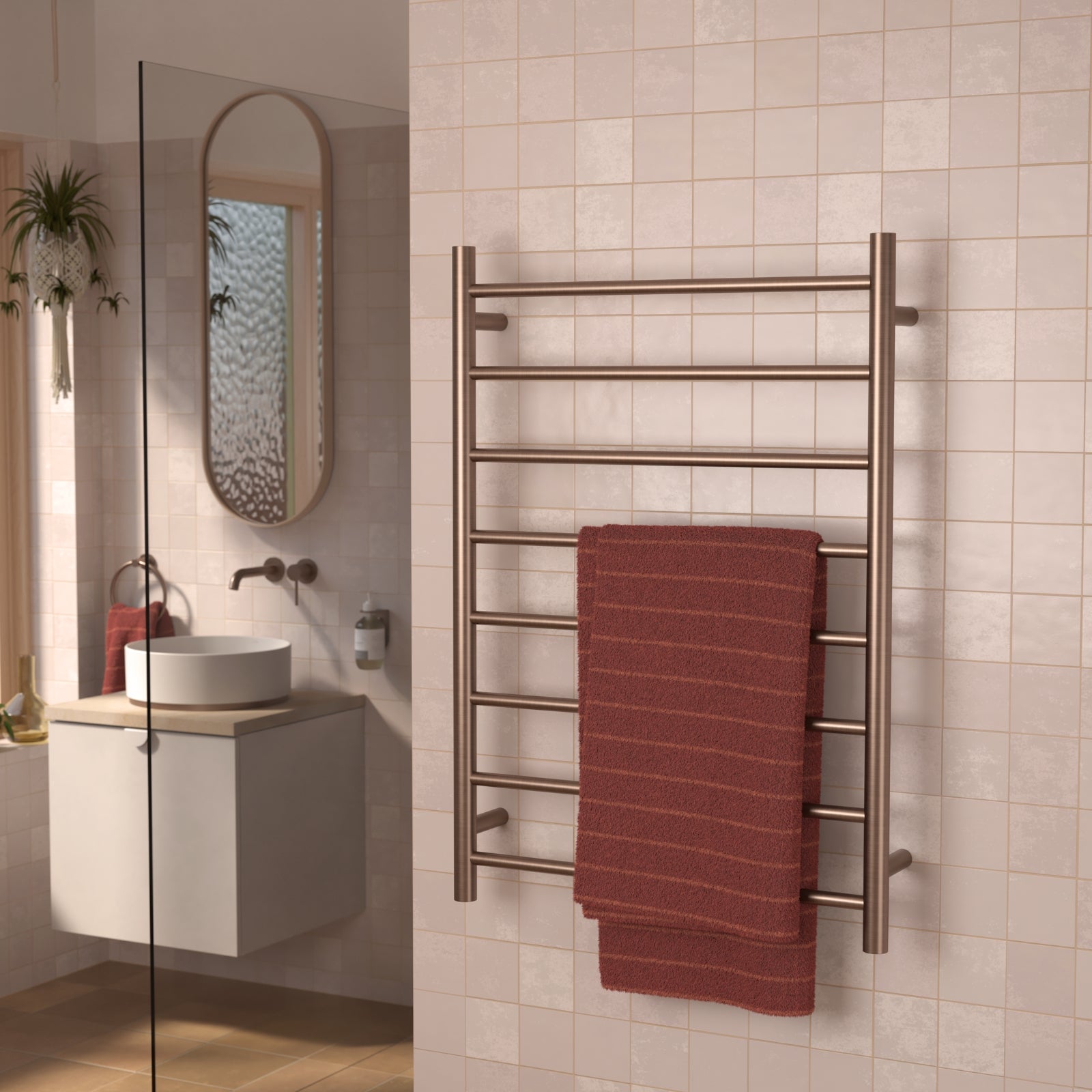 Lifestyle 3 Caroma Liano II Heated Towel Ladder - Brushed Bronze 11225051BBZ - The Blue Space