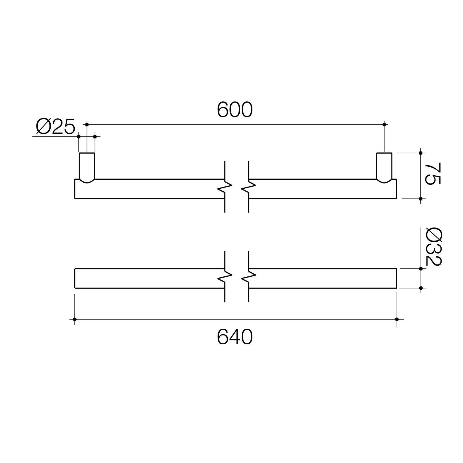Technical Drawing Caroma Liano II Heated Towel Rail - Horizontal - Matte Black 11225049B - The Blue Space