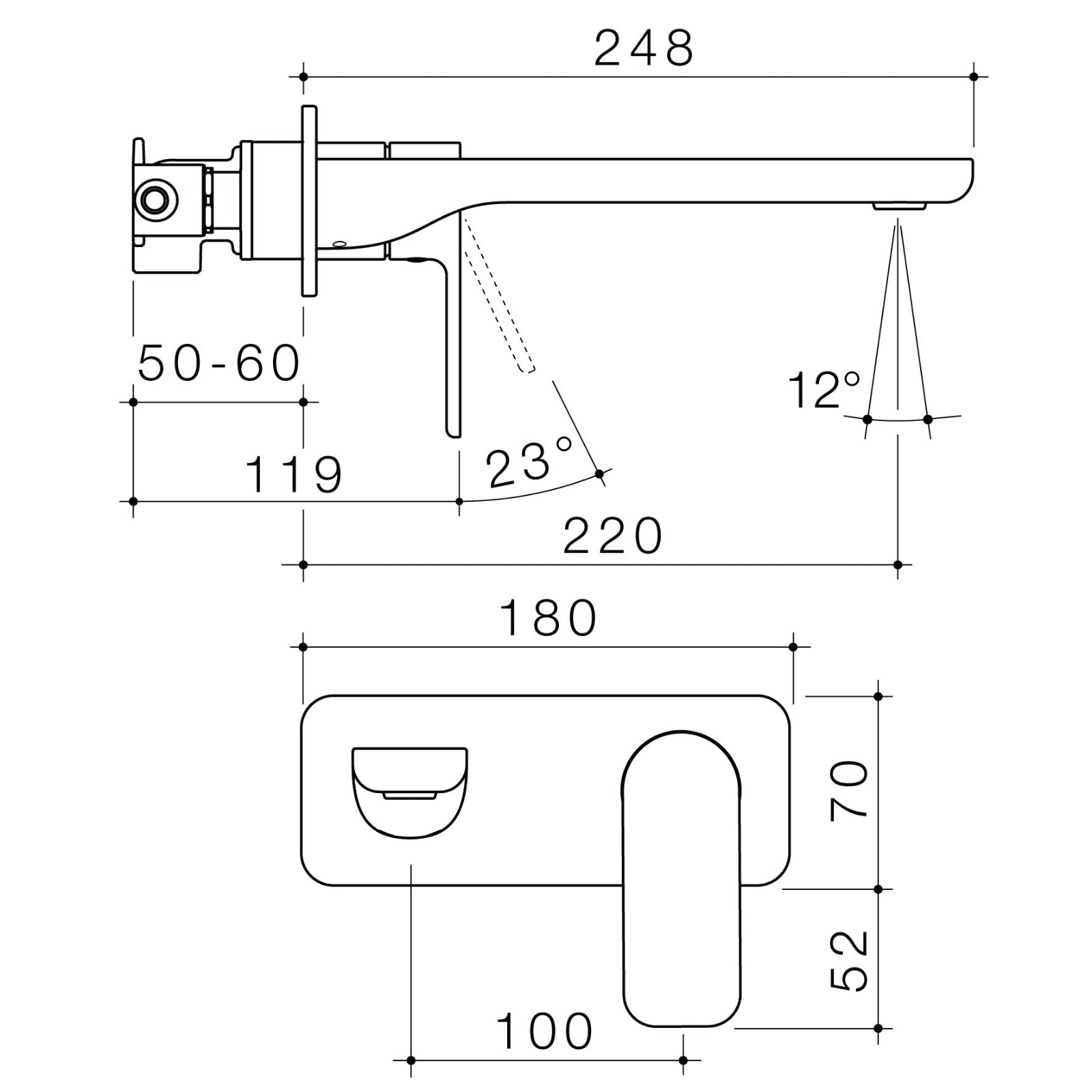 Technical Drawing Caroma Luna II Wall Basin/Bath Mixer 220mm - Brushed Nickel 68204BN6AF - The Blue Space