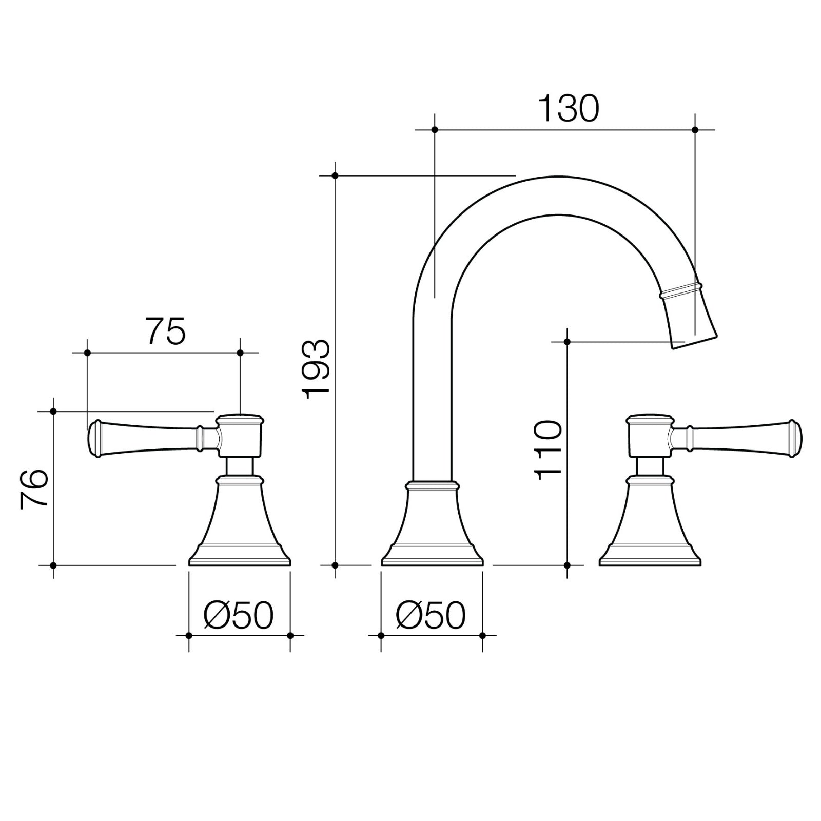 Technical Drawing Caroma Riviere Basin Set - Chrome 520020C6AF - The Blue Space