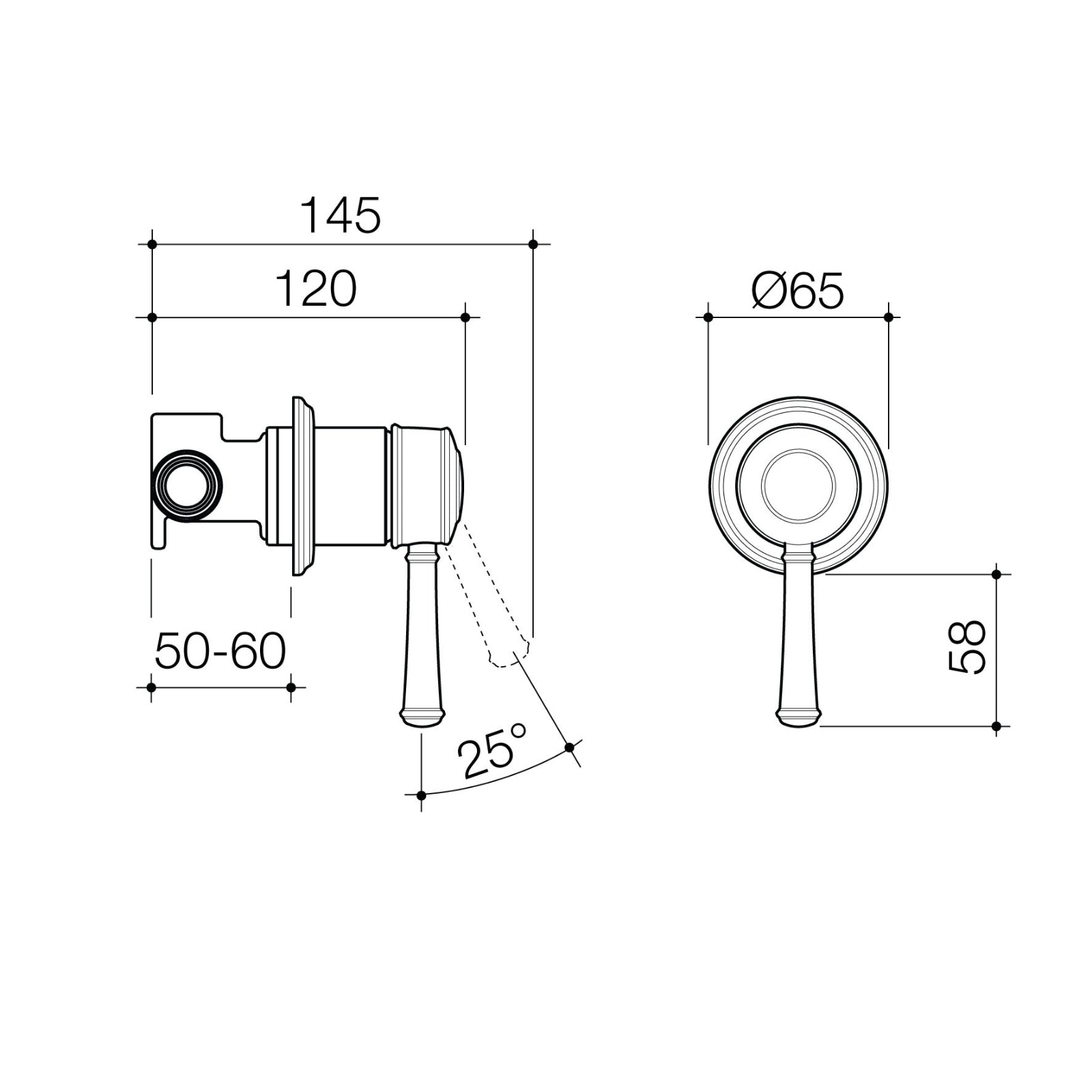 Technical Drawing Caroma Riviere Bath Shower Mixer - Chrome 520005C - The Blue Space