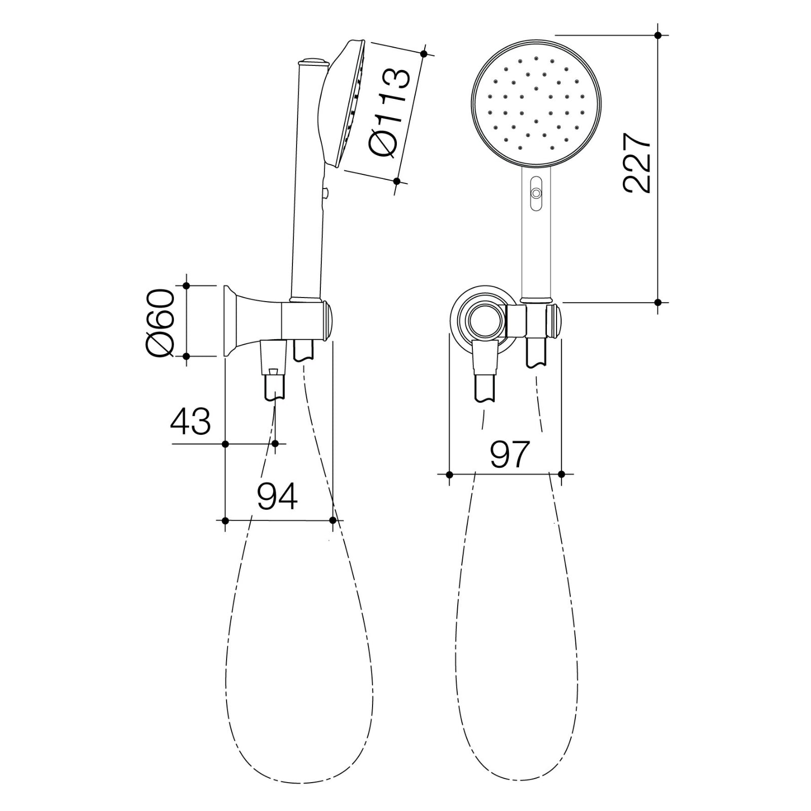 Technical Drawing Caroma Riviere Hand Shower - Brushed Bronze 520043BBZ4A - The Blue Space