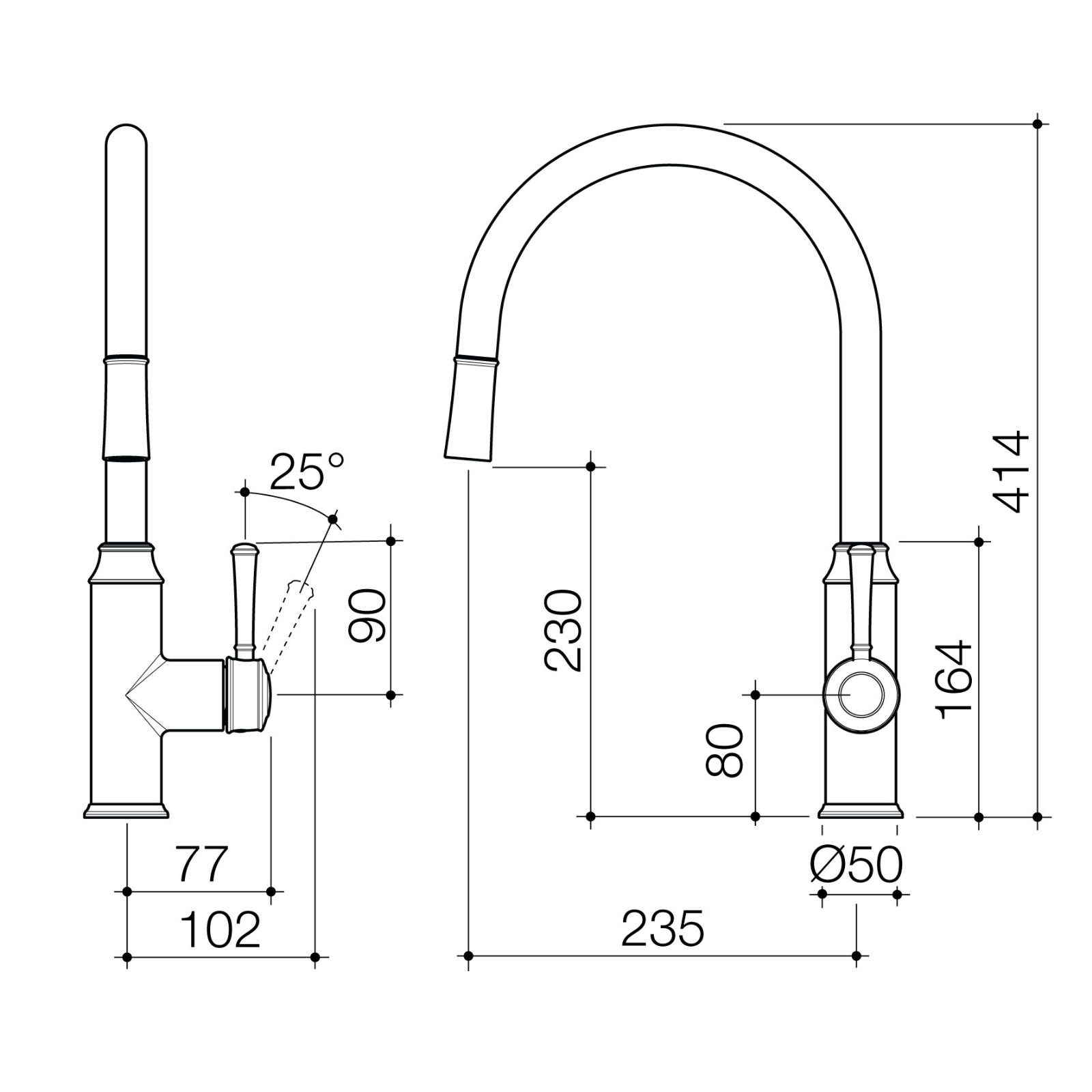 Technical Drawing Caroma Riviere Pull Out Sink Mixer - Brushed Nickel 520017BN56AF - The Blue Space
