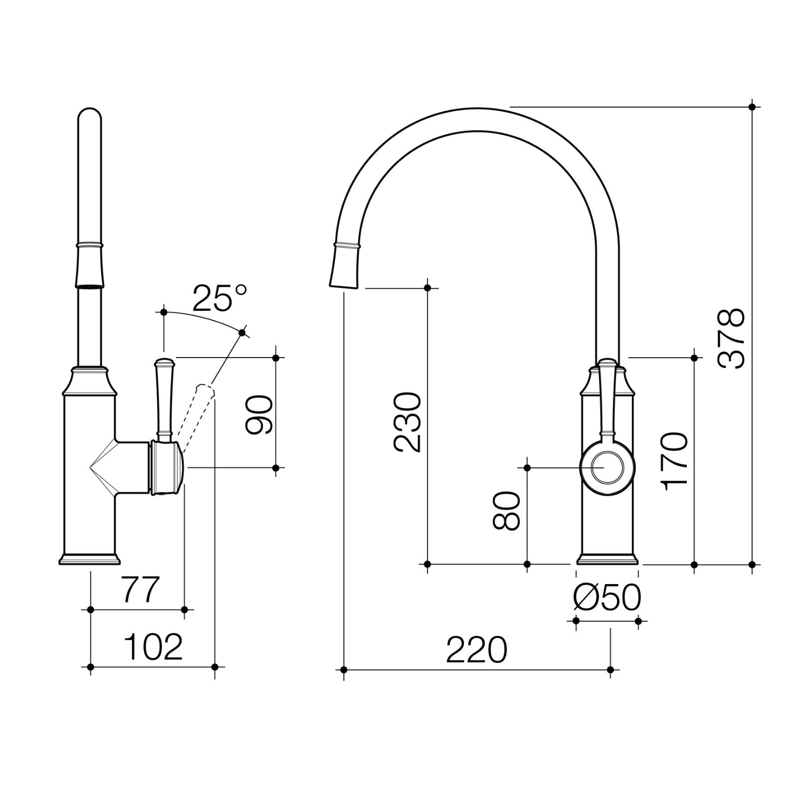 Technical Drawing Caroma Riviere Sink Mixer - Brushed Brass 520016BB56AF - The Blue Space