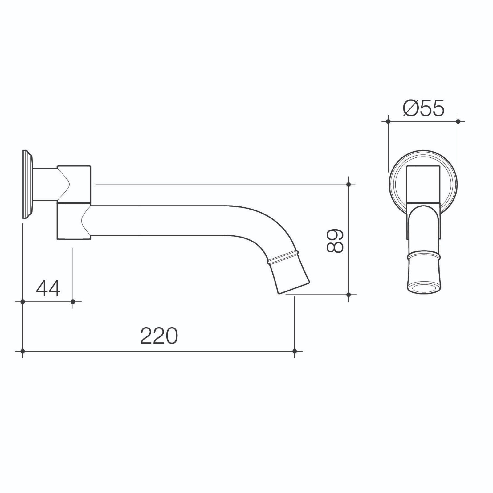 Technical Drawing Caroma Riviere Swivel Bath Outlet 220mm - Brushed Brass 520015BB - The Blue Space