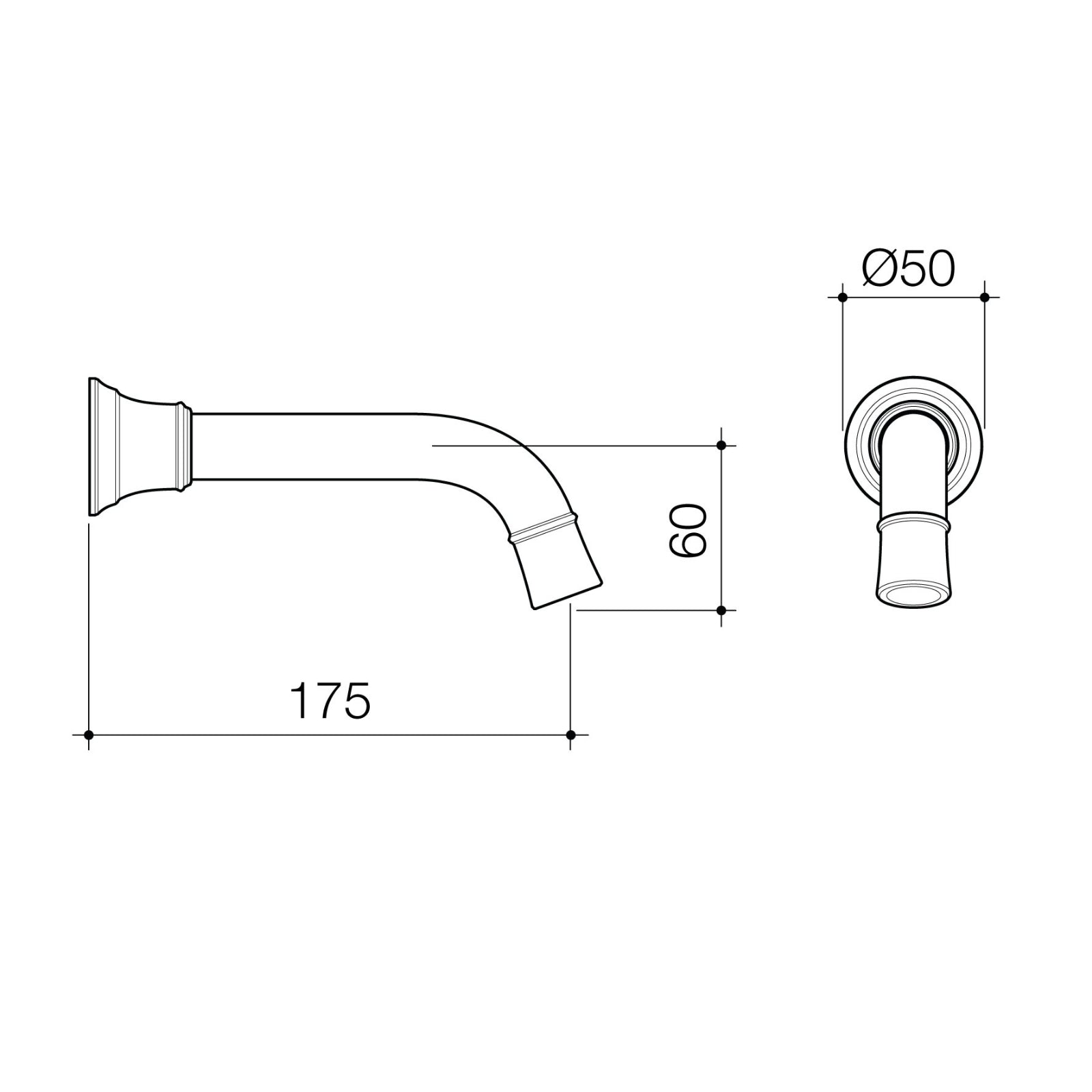 Technical Drawing Caroma Riviere Wall Basin Bath Outlet 175mm - Chrome 520013C6AF - The Blue Space