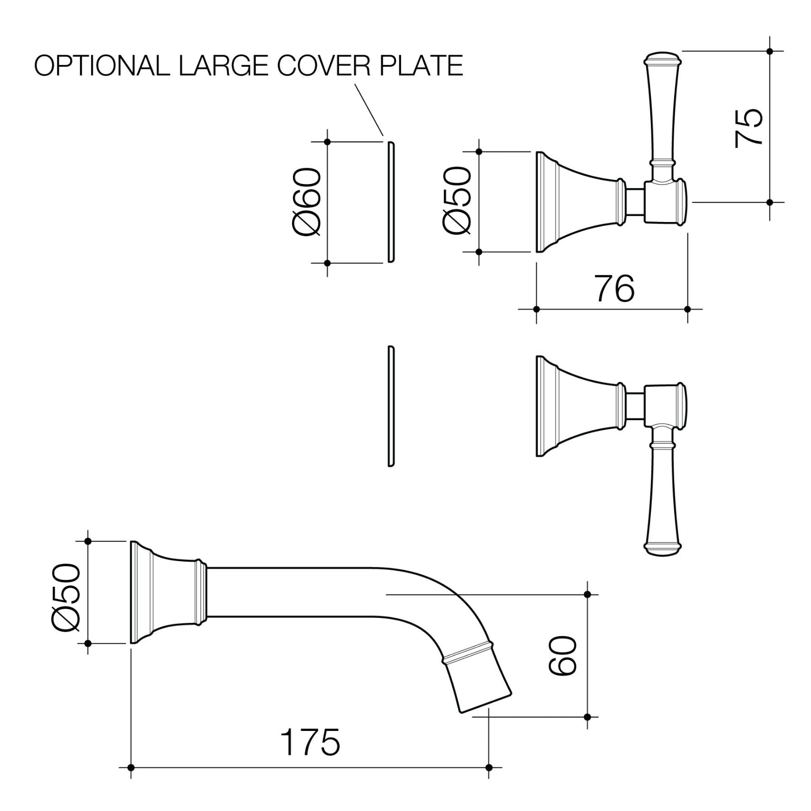 Technical Drawing Caroma Riviere Wall Basin Bath Set 175mm - Brushed Brass 520021BB6AF - The Blue Space