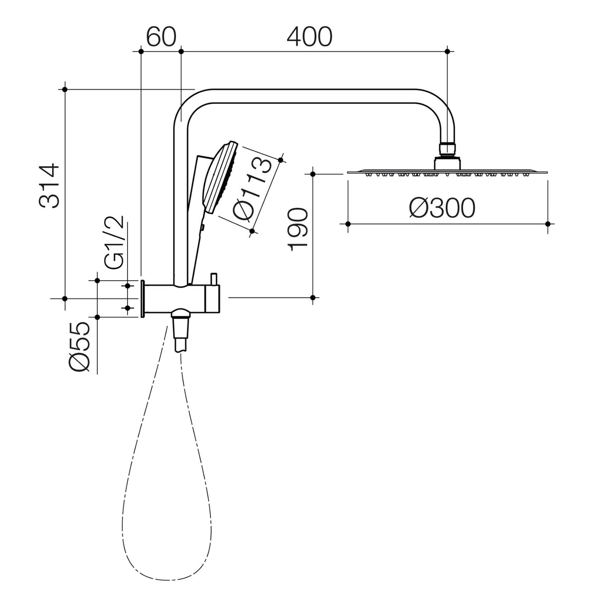 Technical Drawing Caroma Urbane II Compact Twin Shower Chrome 99632C3A - The Blue Space