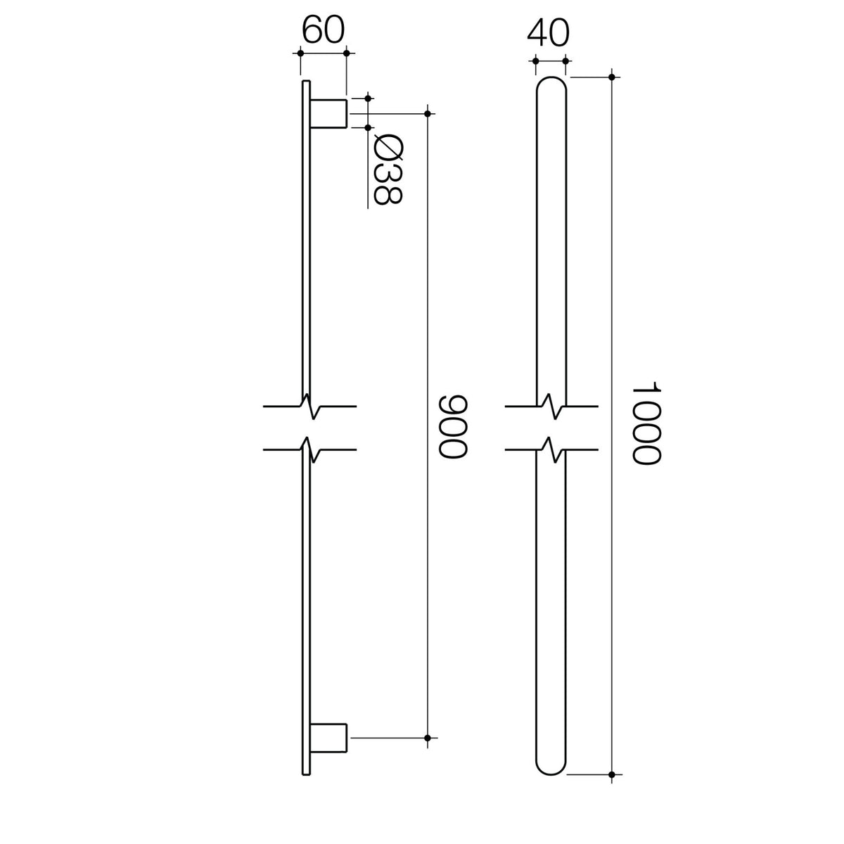 Technical Drawing Caroma Urbane II Heated Towel Rail - Vertical - Brushed Bronze 11202085BBZ - The Blue Space