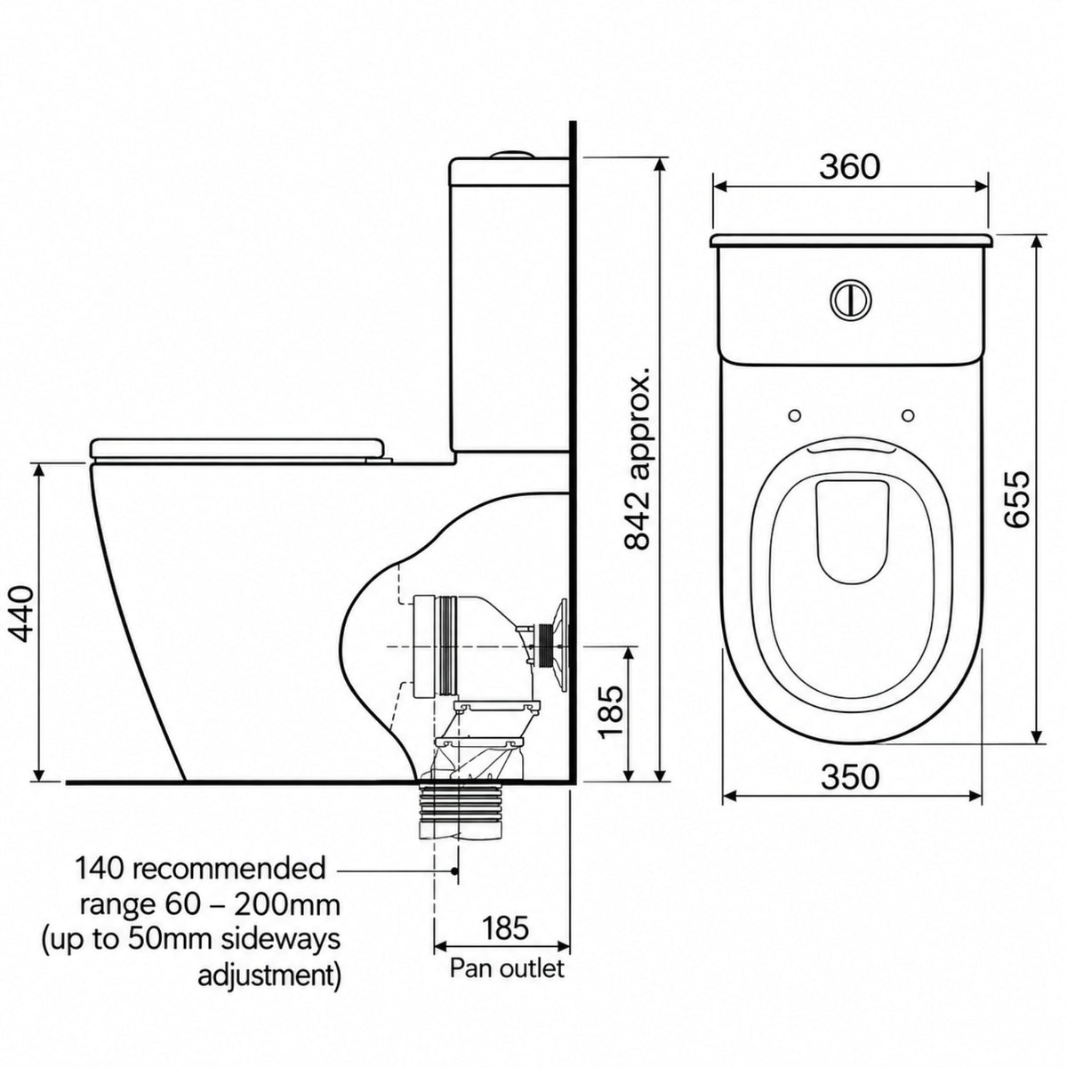 Line Drawing Caroma Urbane II Luxe Cleanflush Wall Faced Toilet Suite - Upgraded Seat Design 746250WLX - The Blue Space