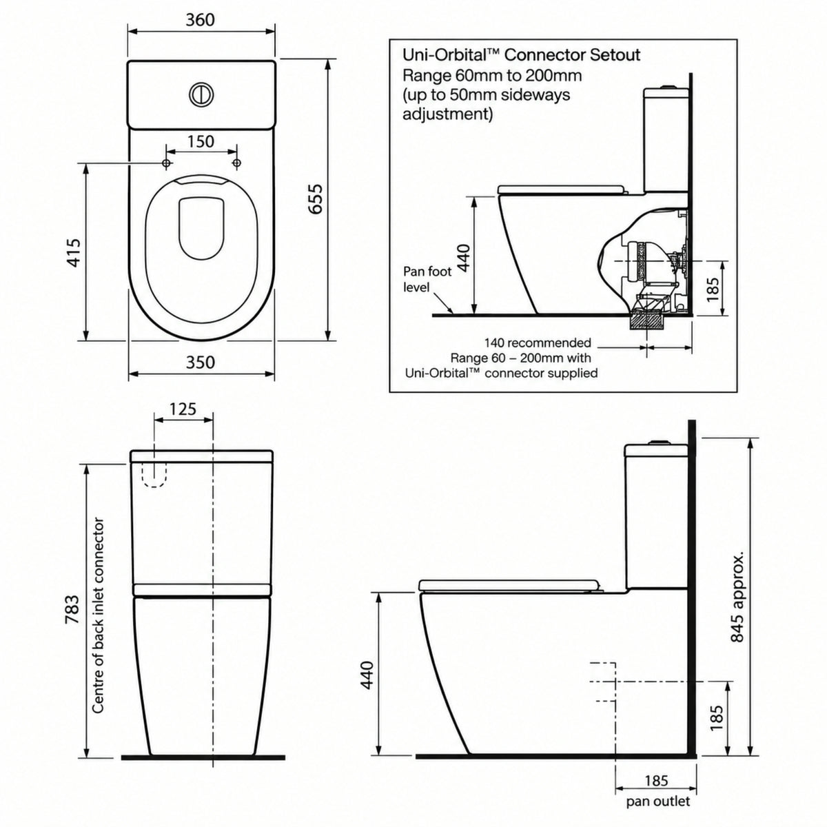 Technical Drawing Caroma Urbane II Luxe Cleanflush Wall Faced Toilet Suite - Upgraded Seat Design 746250WLX - The Blue Space