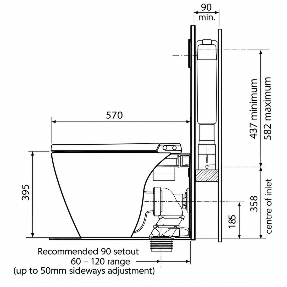 Line Drawing Caroma Urbane Wall Faced Invisi Series II Toilet Suite 742500W - The Blue Space