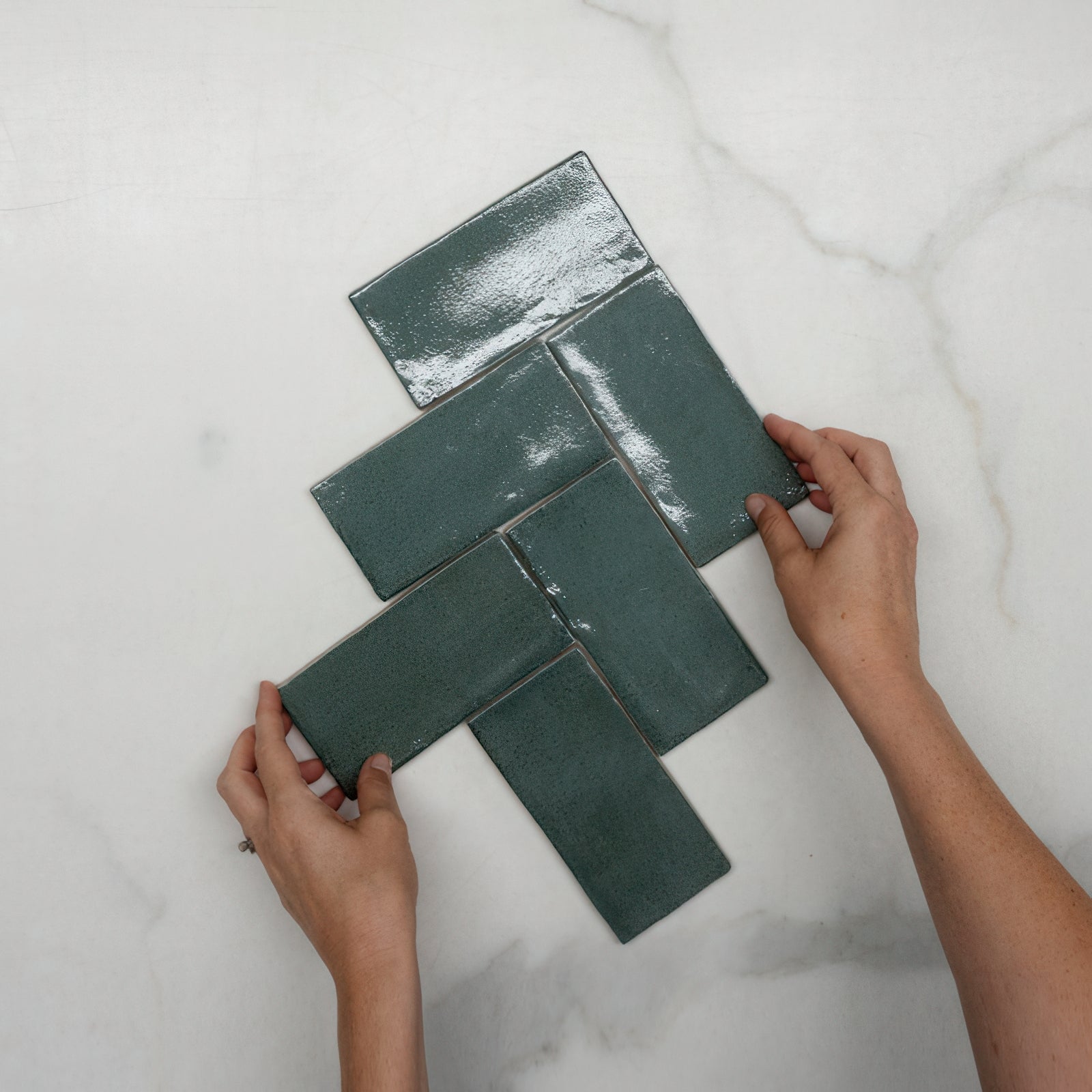 Fishbone With Hand Dark Green Dianna Hand Made Subway Tile 75 x 150 x 9mm Spanish Ceramic - The Blue Space