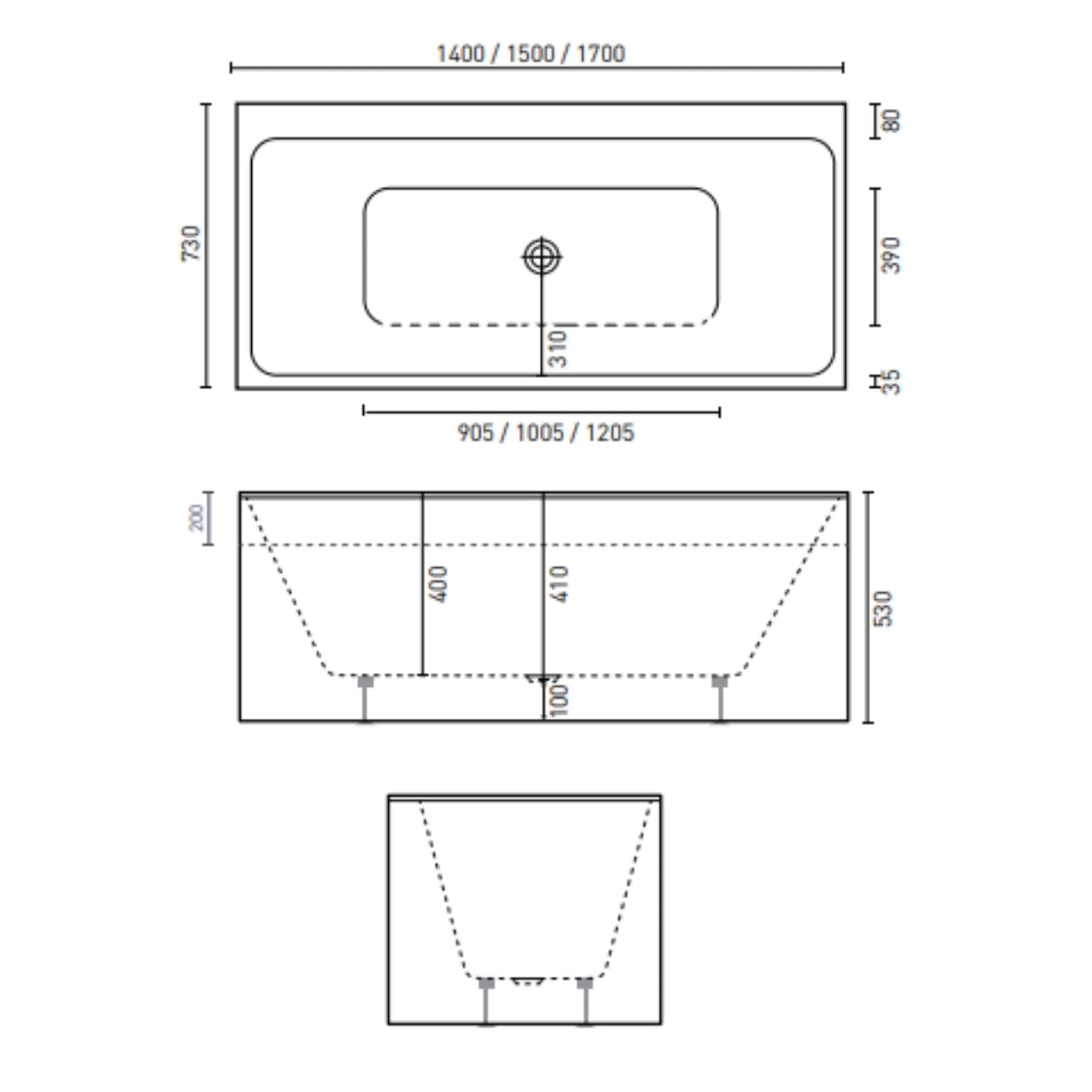 Technical Drawing Decina Bianco Back-to-Wall / Corner Freestanding Bath 1400mm BI1400W - The Blue Space
