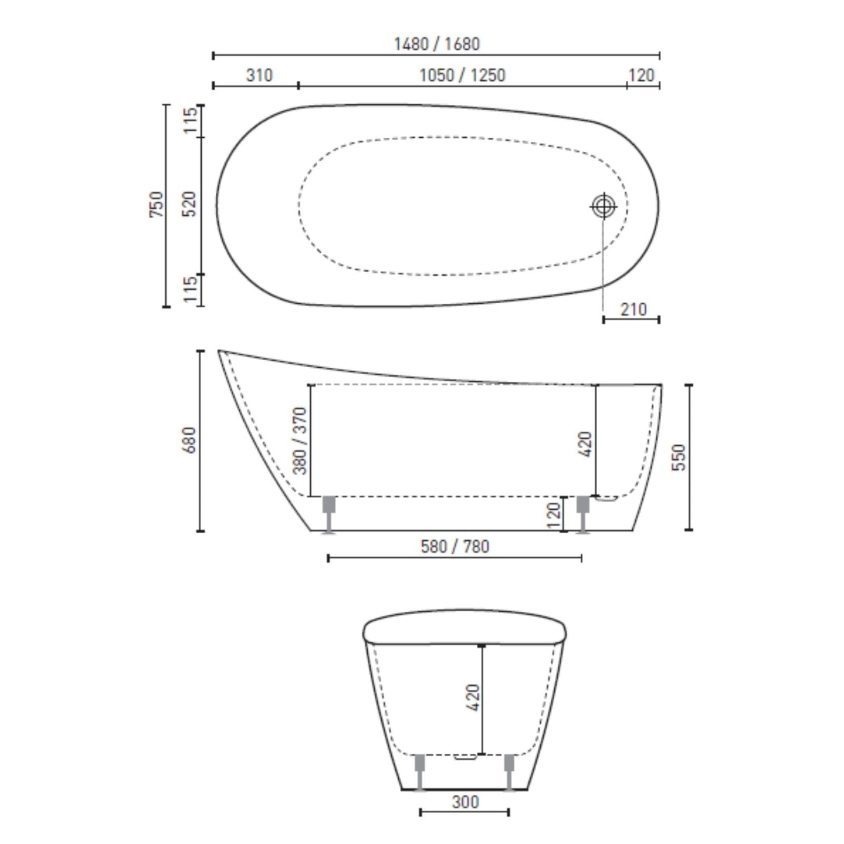 Technical Drawing Decina Caval 1680 Freestanding Bath CA1680W - The Blue Space