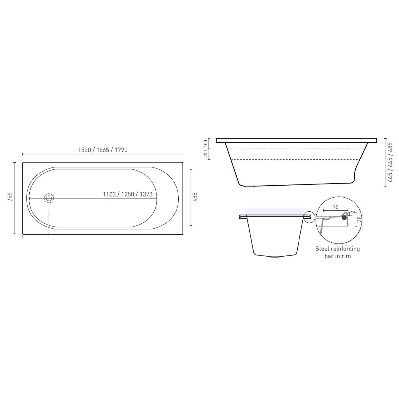 Technical Drawing Decina Turin 1520 Contour 12-Jet Spa Bath TU1520CNSPAWC - The Blue Space
