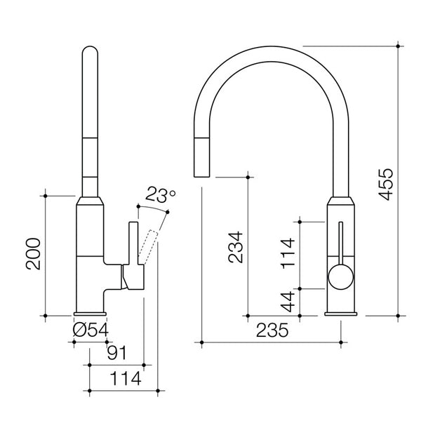 Dorf Vixen Retractable Sink Mixer Chrome - the blue space - specs - line drawing and dimensions