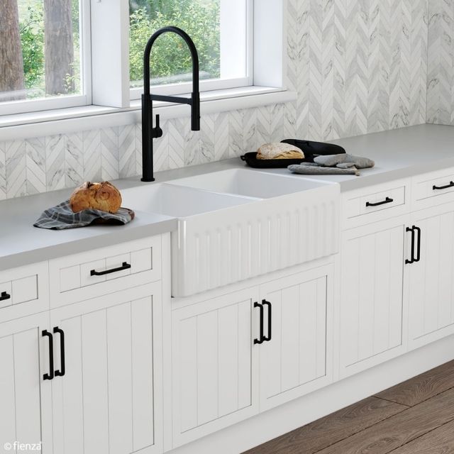 Fienza Charlton Butler Sink Double Reversible Fluted & Flat 835mm Fire Clay Gloss White