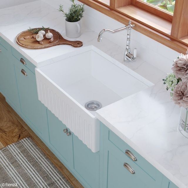 Fienza Charlton Butler Sink Small Reversible Fluted & Flat 690mm Fire Clay Gloss White