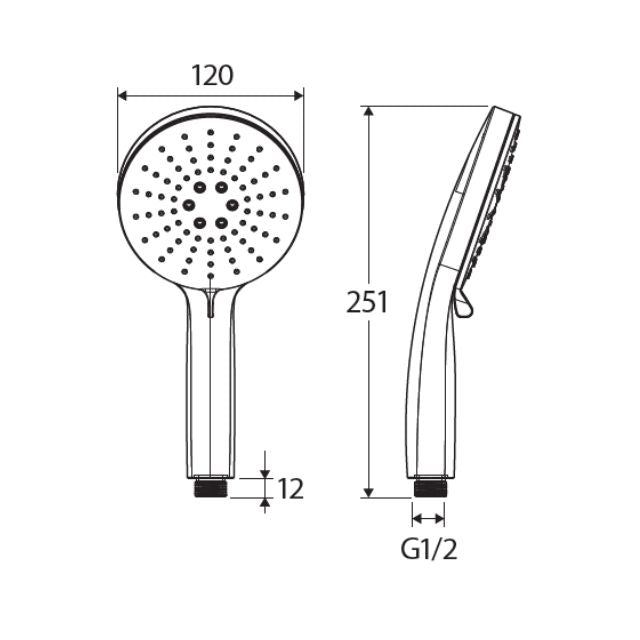 Technical Drawing Fienza Empire Slim Handheld Shower Head 3 Function Brushed Copper MSH117CO - The Blue Space