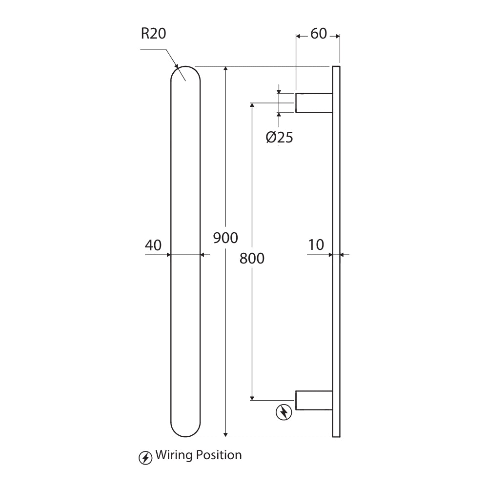 Technical Drawing Fienza Empire Slim Vertical Heated Towel Rail 60 x 900mm Brushed Copper 889900CO - The Blue Space