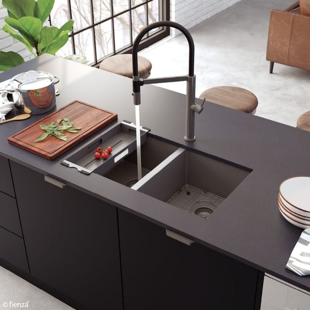 Fienza Hana Double Bowl Sink 27L-27L Carbon Metal Includes Sink Protect Top/Undermount 760X450X200mm