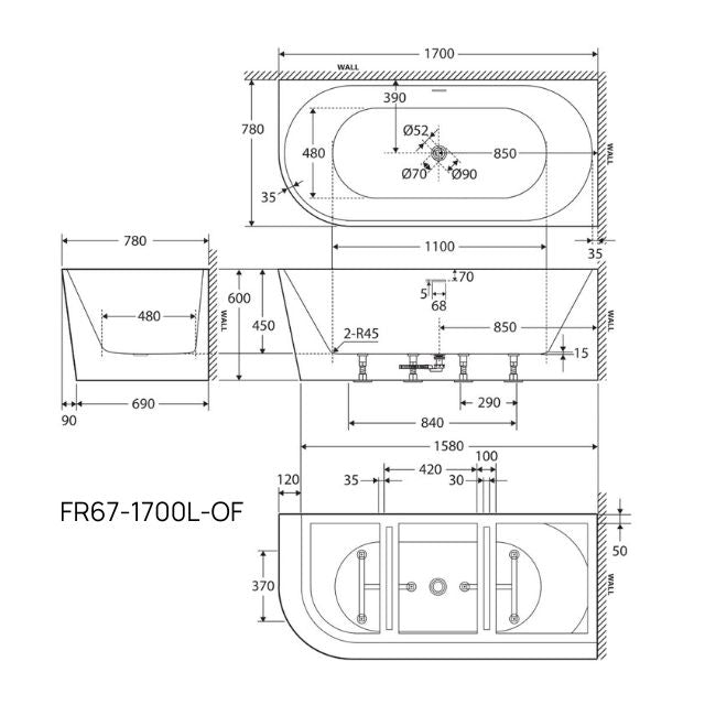 Fienza Isabella Left-Hand Acrylic Corner Bath with Overflow. Technical Drawing, 1700mm - The Blue Space