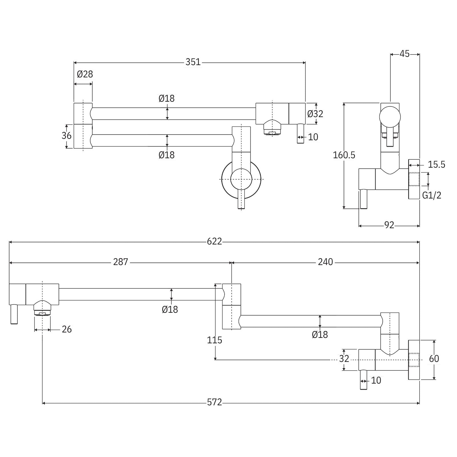 Technical Drawing Fienza Kaya Pot Filler Wall Mixer Gun Metal 228120GM-LF - The Blue Space