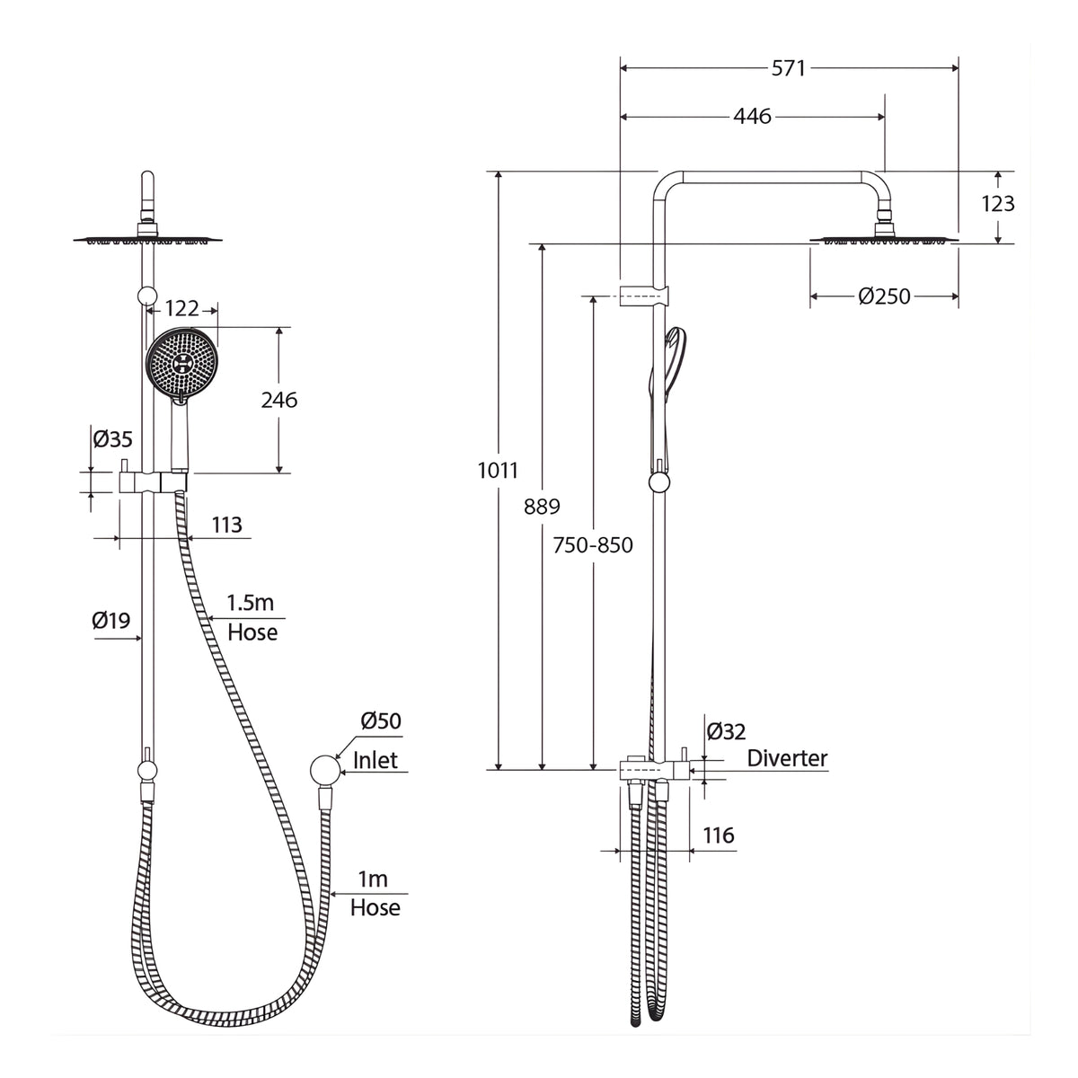 Technical Drawing Fienza Kaya Retrofit Twin Shower - Brushed Nickel 455101BN - The Blue Space