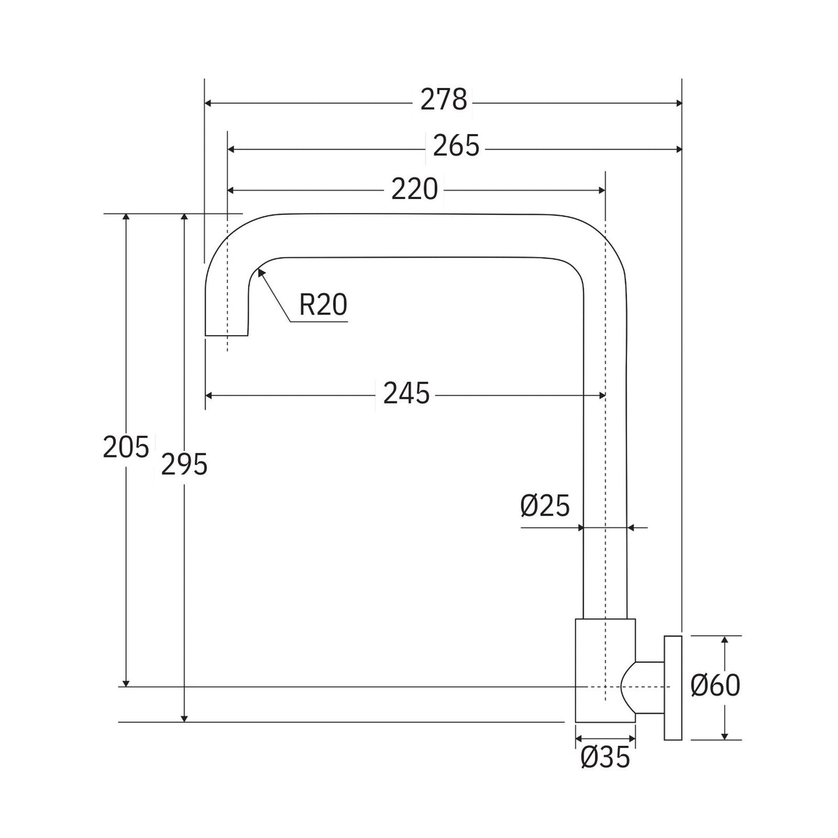 Technical Drawing Fienza Kaya Squareline Wall Swivel Outlet Gun Metal 228122GM-LF - The Blue Space